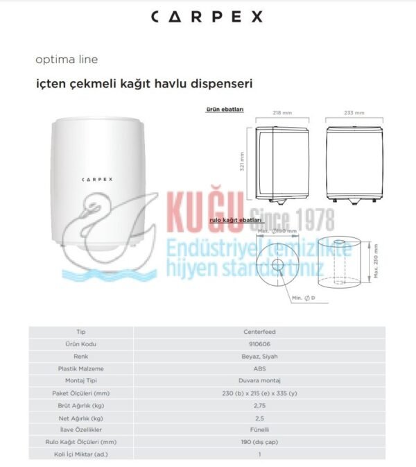 KGC-910606-W Carpex Beyaz Renk Optima İçten Çekmeli Kağıt Havlu Banyo Ve Mutfak Dispanseri Aparatı - Görsel 5