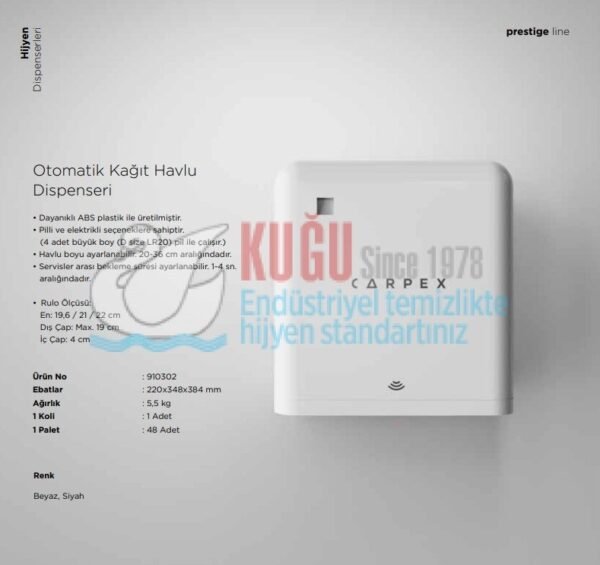 KGC-913100-B Carpex Siyah Renk Prestige Sensörlü Fotoselli Butonlu Otomatik Elektrikli ve Pilli Hareketli Kağıt Havlu Makinesi - Görsel 3