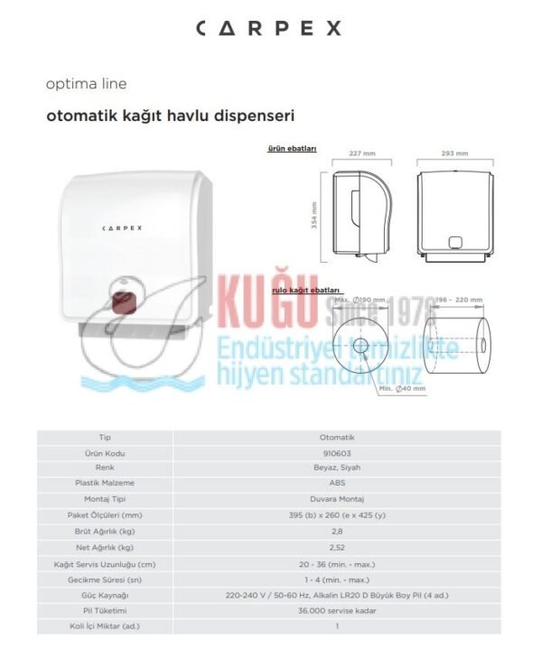KGC-910603-W Carpex Optima Beyaz Renk Butonlu Elektrikli ve Pilli Sensörlü Kağıt Havlu Makinesi - Görsel 5