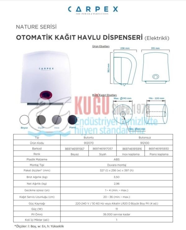 KGC-912070-W Carpex Nature Beyaz Renk Butonlu Elektrikli ve Pilli Sensörlü Kağıt Havlu Makinesi - Görsel 5