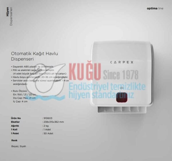 KGC-910603-W Carpex Optima Beyaz Renk Butonlu Elektrikli ve Pilli Sensörlü Kağıt Havlu Makinesi - Görsel 3