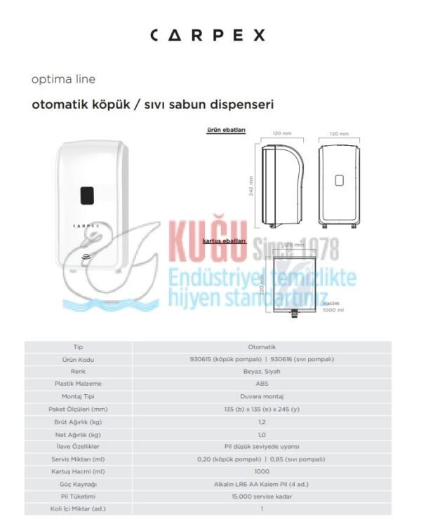 KGC-930615-W Carpex Beyaz Renk Optima 1000 ML Kartuşlu Otomatik Sensörlü Pilli Köpük Sabun Dispenseri - Görsel 5