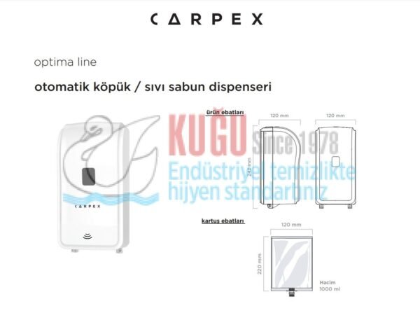 KGC-930615-W Carpex Beyaz Renk Optima 1000 ML Kartuşlu Otomatik Sensörlü Pilli Köpük Sabun Dispenseri - Görsel 6