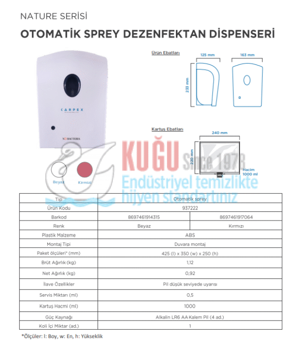 KGC-932192-RSK Carpex Kırmızı Nature 1000 ML Kartuşlu Sensörlü ve Fotoselli Sprey Dezenfektan Dispanseri Aparatı - Görsel 8