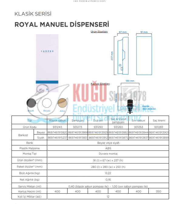 KGC-931243-W Carpex Beyaz Renk 400 ML Kartuşlu Royal Manuel Köpük Sabun Dispenseri Aparatı - Görsel 8