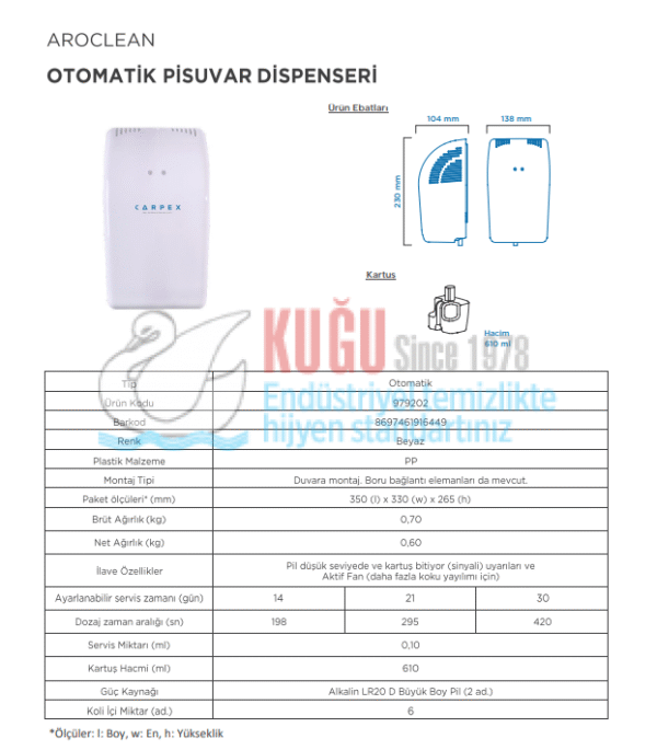 KGC-979202 Carpex Aroclean Otomatik Pisuvar Dispenseri - Görsel 9