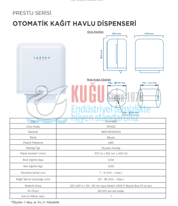 KGC-913100 Carpex Beyaz Renk Prestige Sensörlü Fotoselli Butonlu Otomatik Elektrikli ve Pilli Hareketli Kağıt Havlu Makinesi - Görsel 10