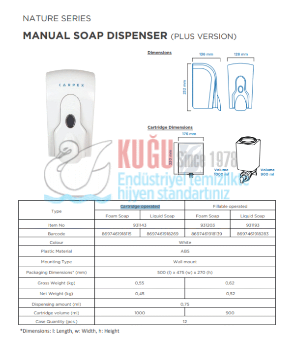 KGC-931203 Carpex Manuel Plus Beyaz Renk 900 ML Hazneli Üstten Doldurmalı Köpük Sabun Dispanseri - Görsel 8