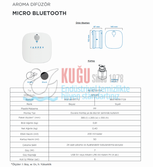 KGC-921240-WB Carpex Micro Beyaz 200 m3 Alan Etkili Mikro Bluetoothlu Koku Makinesi + 90 Gün Etkili Koku (2 Yıl Garantili) - Görsel 8