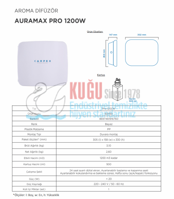 KGC-921190 Carpex Beyaz Auramax Difüzör Pro 1200 m3 Alan Etkili  Koku Makinesi - Görsel 9