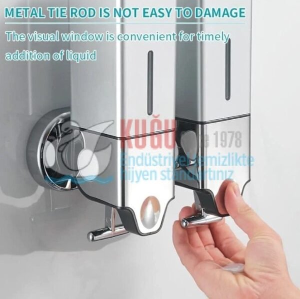 8054-K Çiftli 500×2 1000 Ml Hazneli T Çekmeli  Alt Kısım 304 Kalite Paslanmaz Çelik Abs Sert Plastik Kare Gövdeli Sıvı Sabun Şampuan Duş Jeli Dispanseri Aparatı - Görsel 3
