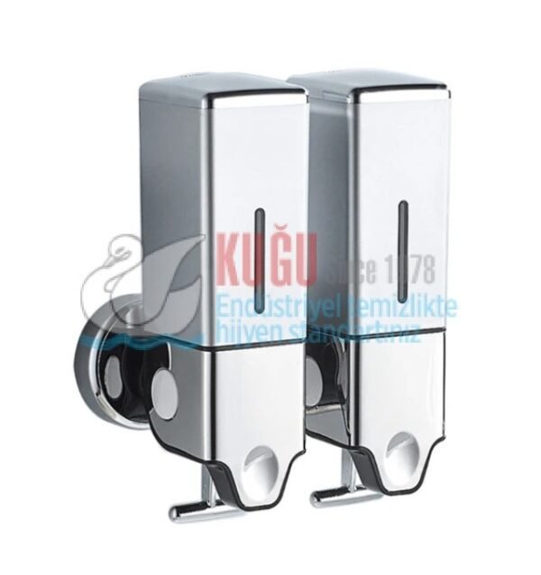 8054-K Çiftli 500×2 1000 Ml Hazneli T Çekmeli  Alt Kısım 304 Kalite Paslanmaz Çelik Abs Sert Plastik Kare Gövdeli Sıvı Sabun Şampuan Duş Jeli Dispanseri Aparatı - Görsel 1