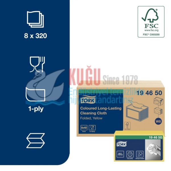 KT-194650 Tork W8 Sistem Sarı Renkli Uzun Ömürlü Temizlik Bezi (1 Paket 40 Adet-Koli İçi 8 Paket) - Görsel 6