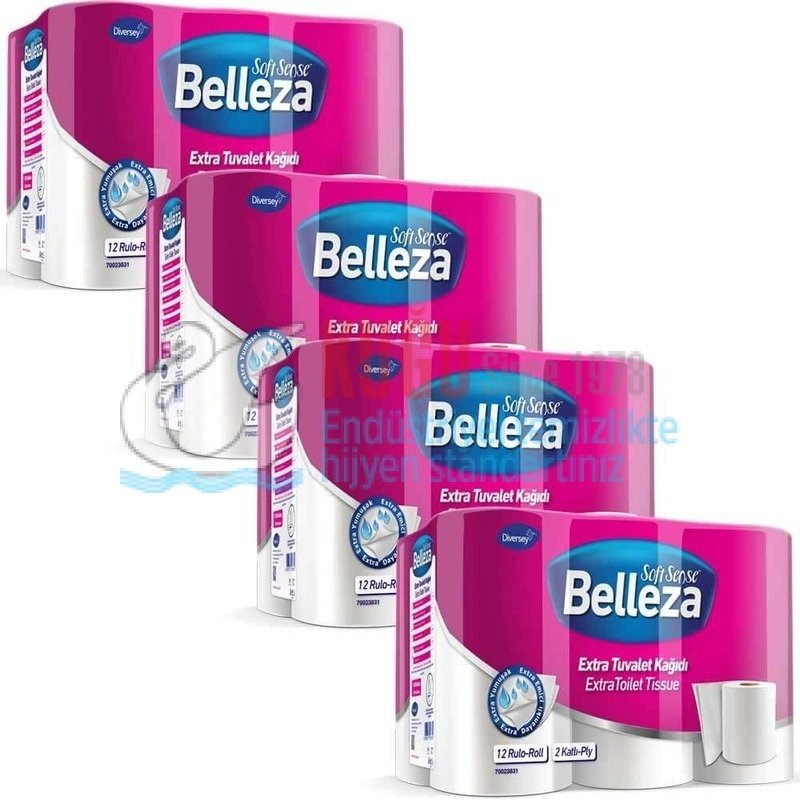 belleza-extra-tuvalet-kagidi-48l.jpg 70023831 Diversey Belleza Çift Katlı Extra Ev Tipi Wc ve Tuvalet Kağıdı 12x4=48'li (1 Koli 4 Paket-1 Paket 12 Rulo-1 Rulo 180 Yaprak) - Görsel 1