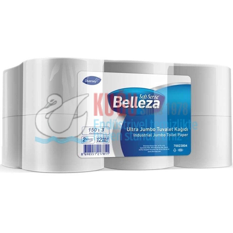 belleza-ultra-jumbo-tuvalet-kagi.jpg 70023804 Diversey Belleza Çift Katlı Ultra Mini Jumbo WC Tuvalet Kağıdı 12'li 6 Kg (1 Koli 12 Rulo-1 Rulo 150 Metre) - Görsel 1