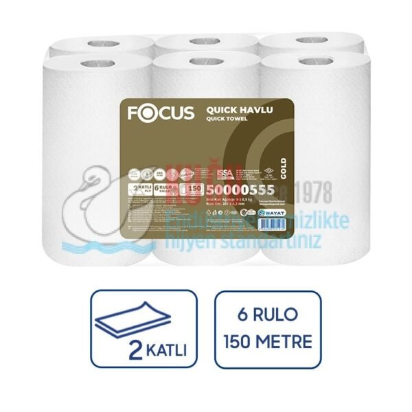 50000555 Focus Gold Quick Çift Katlı 21 Cm Hareketli Havlu (1 Rulo150 Metre-Koli İçi 6 Rulo) 9 Kg - Görsel 1