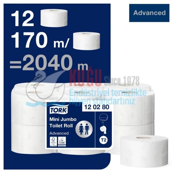 KT-120280 Tork Mini Jumbo Tuvalet Kağıdı 2 Katlı Gelişmiş T2 Beyaz (1 Rulo 170 Metre-Koli İçi 12 Rulo) - Görsel 1