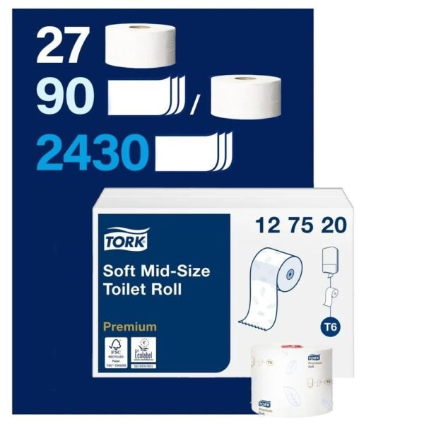 KT-127520 Tork Çift Rulo Premium Orta Boy WC Tuvalet Kağıdı 2 Katlı Gelişmiş T6 Beyaz - (1 Rulo 90 Metre-Koli İçi 27 Rulo) - Görsel 2