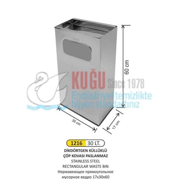 1216 30 LT PASLANMAZ DİKDÖRTGEN KÜLLÜKLÜ ÇÖP KOVASI