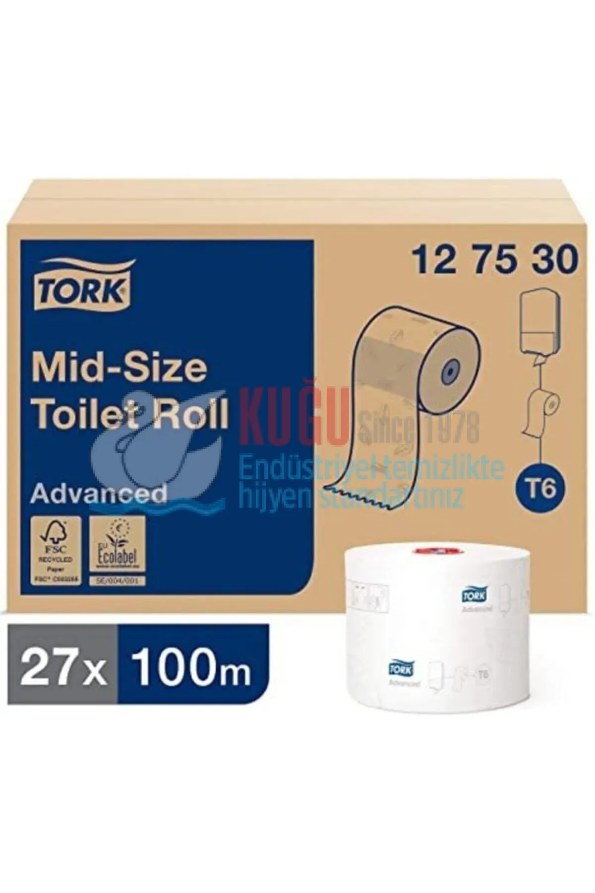 KT-127530 Tork Çift Rulo Orta Boy WC Tuvalet  Kağıdı 2 Katlı Gelişmiş T6 Beyaz - (1 Rulo 100 Metre-Koli İçi 27 Rulo)