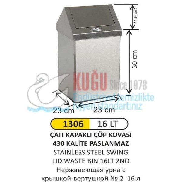 1306 16 LT ÇATI KAPAKLI PASLANMAZ ÇÖP KOVASI