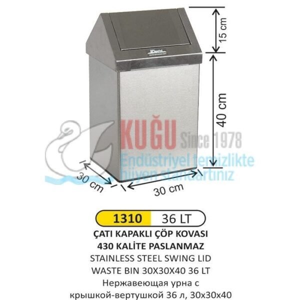 1310 36 LT ÇATI KAPAKLI PASLANMAZ ÇÖP KOVASI
