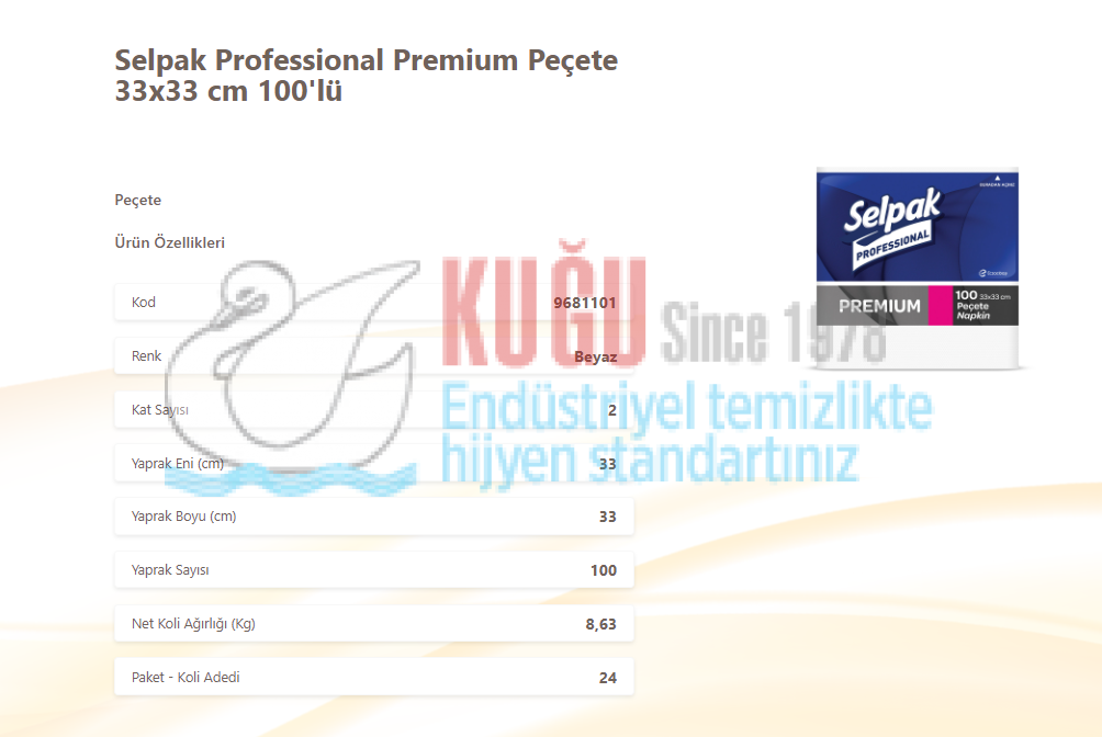 Second image of KGE-9681101 Selpak Professional Premium 33*33 Cm Peçete 100'Lü 24 Paket