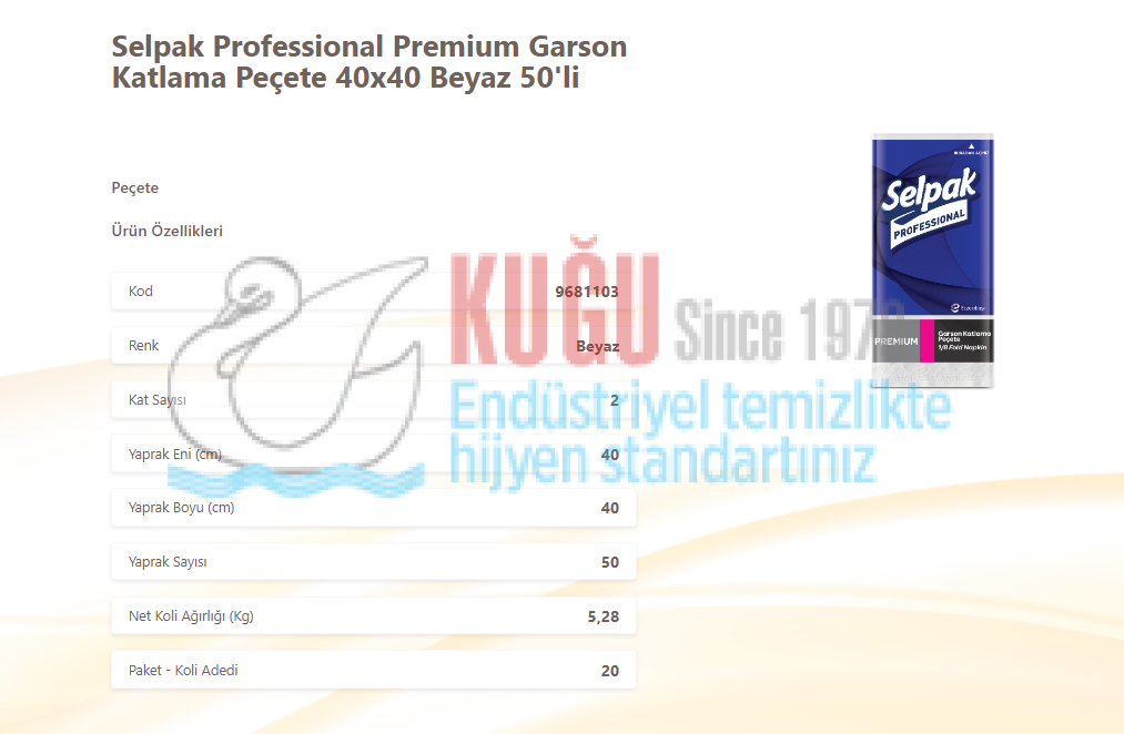 Second image of KGE-9681103 Selpak Professional Premium Garson Katlama Peçete 40X40 Cm Beyaz 50'Li 20 Paket