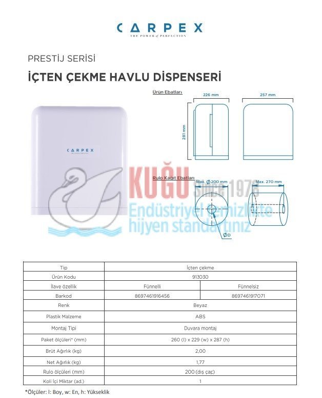 Second image of KGC-913030 Carpex Prestij Serisi Beyaz Renk İçten Çekmeli Kağıt Havlu Dispenser Aparatı
