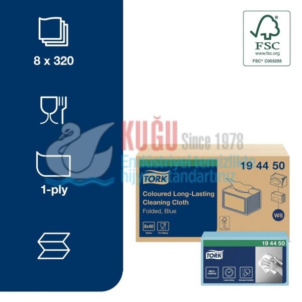 Second image of KT-194450 Tork W8 Sistem Mavi Renkli Uzun Ömürlü Temizlik Bezi (1 Paket 40 Adet-Koli İçi 8 Paket)