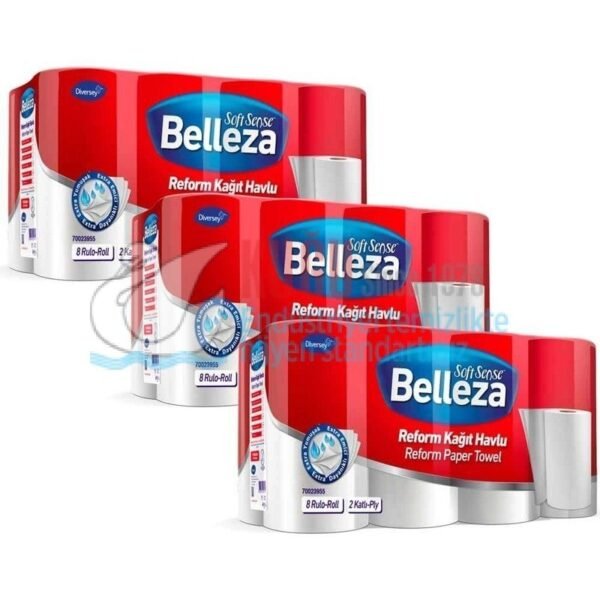 70023955 Diversey Belleza Çift Katlı 90 Yapraklı Reform Ev Tipi Wc ve Mutfak Rulo Kağıt Havlu 8x3=24lü 2,24 Kg (1 Koli 3 Paket-1 Paket 8 Rulo-1 Rulo 90 Yaprak)