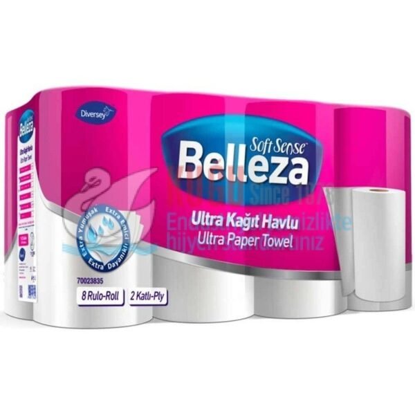 70023835 Diversey Belleza Çift Katlı Ultra Ev Tipi 100 Yapraklı WC ve Mutfak Rulo Kağıt Havlu 8x3=24lü 2,948 Kg (1 Koli 3 Paket-1 Paket 8 Rulo-1 Rulo 100 Yaprak)